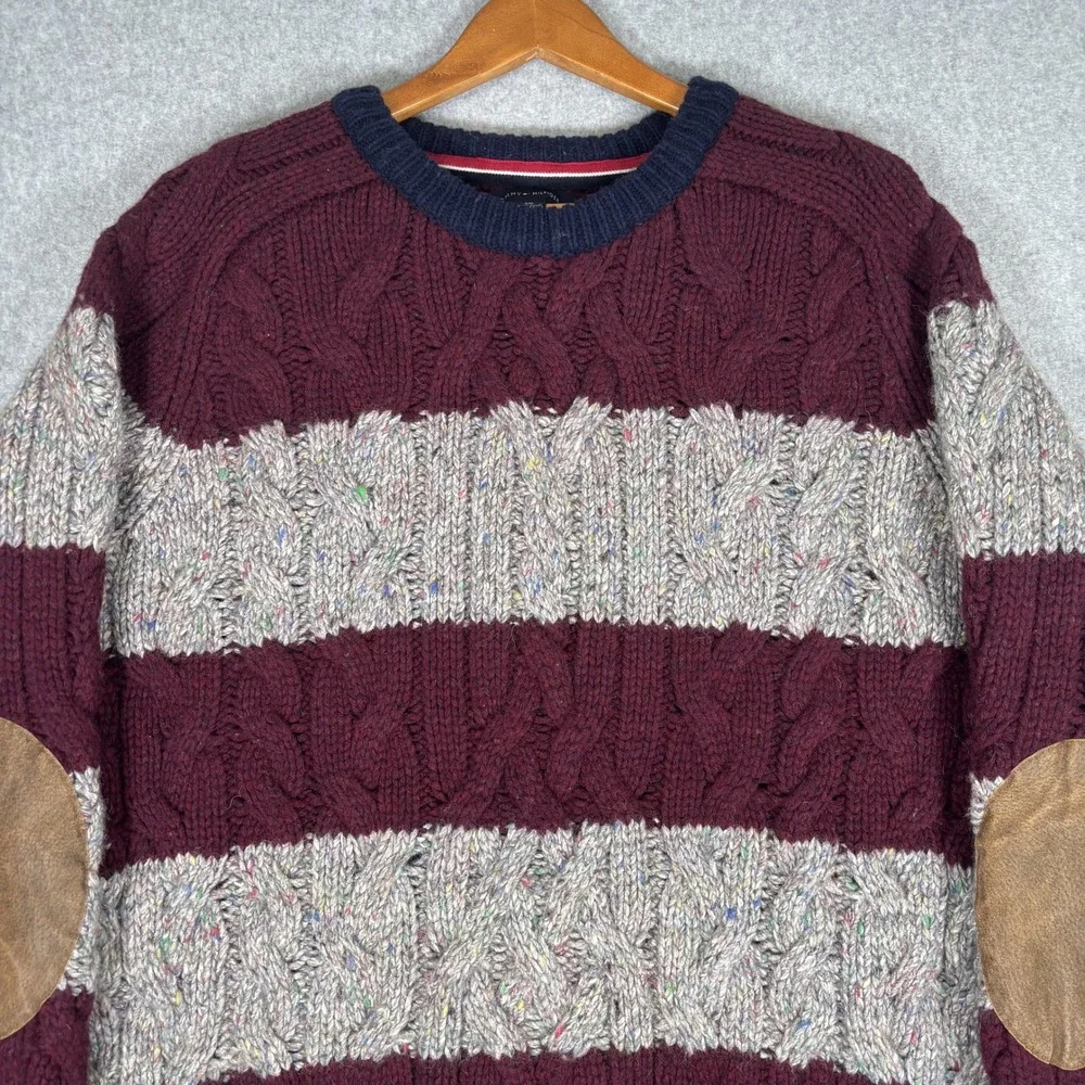 Tommy Hilfiger Sweater Mens XXL Silk Wool Burgundy Grey Striped Knit Elbow Patch